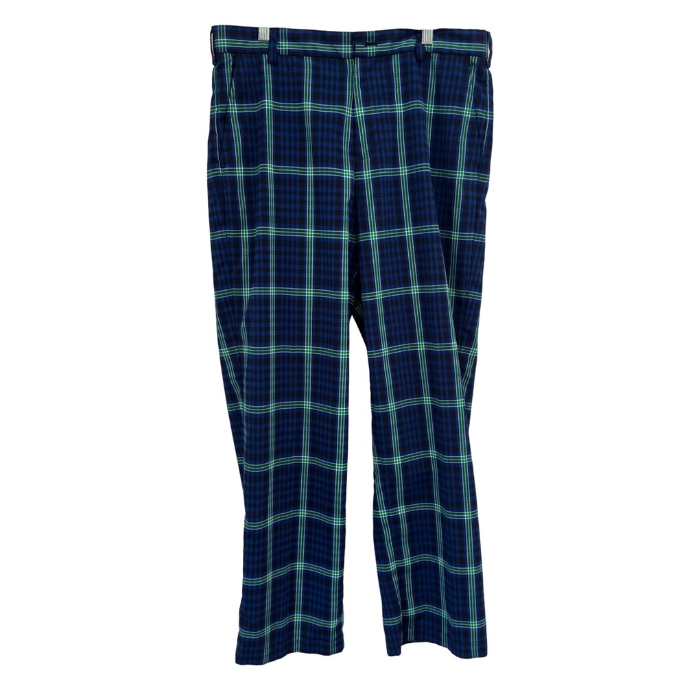 IZOD Golf Pants 34x32 Mens Blue Green Plaid Tartan Flat Front Preppy Straight
